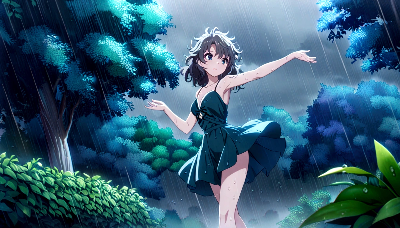 score 9, source anime, wide shot, a young girl dancing in the rain, dynamic pose, perfect face, playful expression, messy hair, wet skin, rain drops, outdoor garden scene, lush green foliage, overcast sky, dramatic lighting, moody colors, cinematic, best quality, 8k, highres, masterpiece, ultra-detailed,