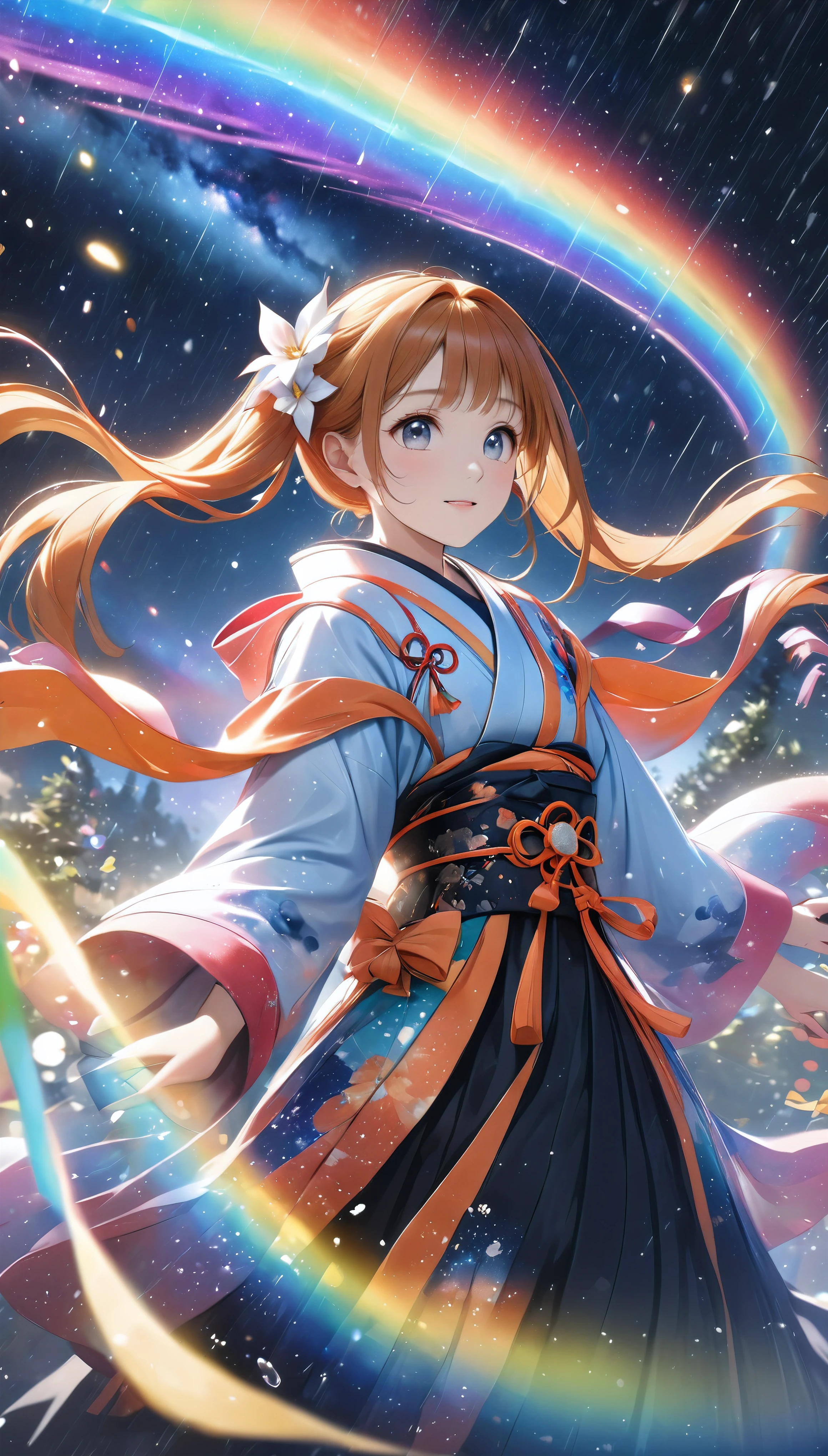 Orihime tanzt im Regen, Tanabata, Ein besonderer Tag, der nur einmal im Jahr vorkommt, Tanz der Freude, PAUSE Der Regen lässt mit Freude und Hoffnung nach, Zwei Menschen, die sich umeinander kümmern, Eine regenbogenartige Aurora im Hintergrund, Realistisches Baby, DGCU, Zu, Eine wunderschöne Galaxie, die die Milchstraße hervorhebt, BREAK Ultra-realism, Detaillierte und realistische Hautstruktur, Feine und exquisite Textur, Detaillierte und präzise Pinselführung, Detaillierte und lebendige Darstellung, anatomisch korrekt, Absurde Ästhetik, BREAK Ein dunkler Hintergrund, der das Motiv hervorhebt, dramatische kinematografische Beleuchtung, (Dynamische Weitwinkelaufnahme:1.0, Knöchel im Rahmen:1.0), BREAK Professionelles Sprühen, höchste Qualitätのレンダリング, höchste Qualität, Höchste Auflösung, Superretinales Sehen,