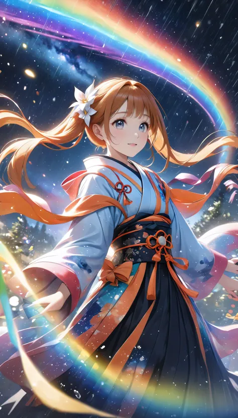Orihime dancing in the rain, Tanabata, A special day that only comes once a year, Dance of joy, BREAK The rain fades with joy and hope, Two people who care for each other, A rainbow-like aurora in the background, Realistic Babe, DGCU, TO, A beautiful galaxy that highlights the Milky Way, BREAK Ultra-realism, Detailed and realistic skin texture, Fine and exquisite texture, Detailed and precise brushwork, Detailed and vivid depiction, Anatomically correct, Absurd aesthetics, BREAK A dark background that makes the subject stand out, dramatic cinematographic lighting, (Dynamic wide-body shot:1.0, Ankles inside the frame:1.0), BREAK Professional spraying, Highest qualityのレンダリング, Highest quality, Highest Resolution, superretinal vision,