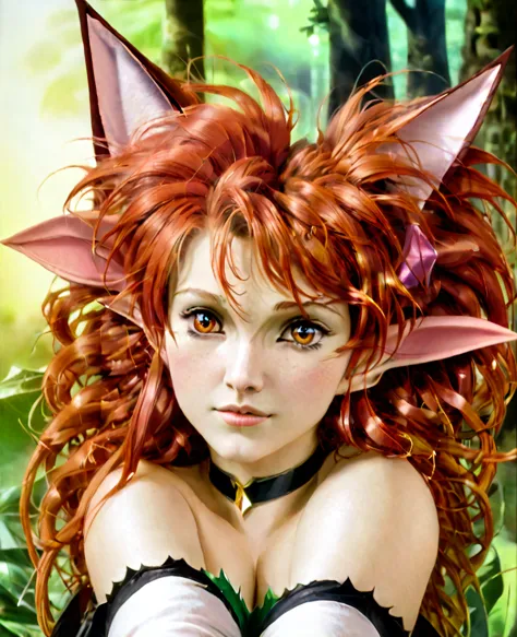 Surreal beautiful elf, curly red hair, face detailed,pointy cat ears,  very big , HD, 4K, wall-paper