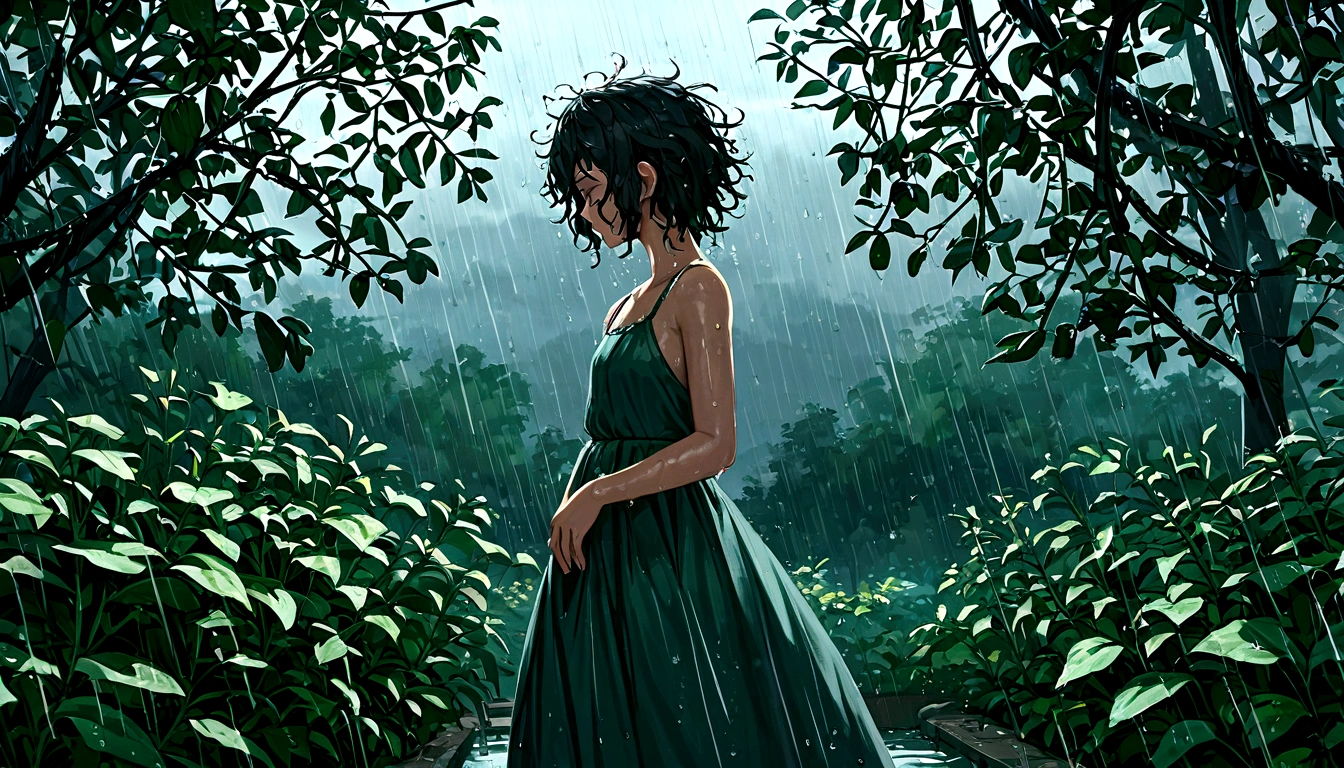 score 9, source anime, wide shot, a young girl dancing in the rain, dynamic pose, perfect face, playful expression, messy hair, wet skin, rain drops, outdoor garden scene, lush green foliage, overcast sky, dramatic lighting, moody colors, cinematic, best quality, 8k, highres, masterpiece, ultra-detailed,