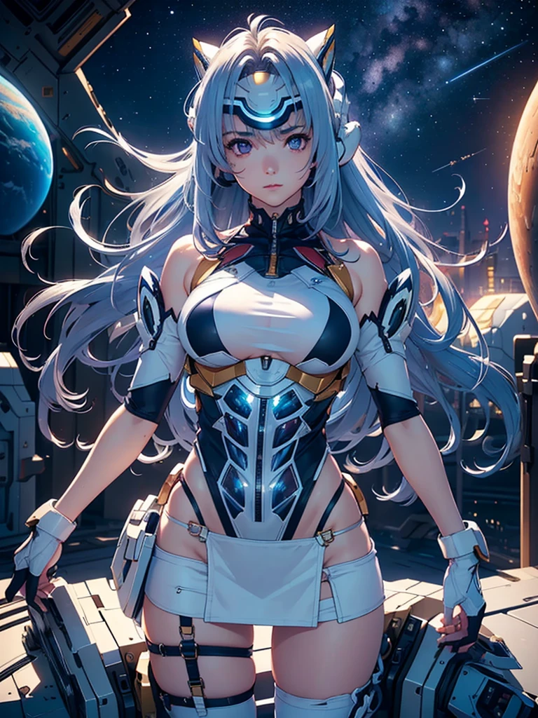 (masterpiece:1.3), (8K、photorealistic, Raw photo, best quality:1.4), (solo), one girl, (((kos-mos))), beautiful face, Beautiful face with perfect symmetry, cute face, (beautiful light blue long hair), With bangs, There is a visor on the forehead, beautiful purple eyes, perfect anatomy, (high detail skin: 1.2), natural breast, Beautiful thighs, Natural buttocks, white costume, mini skirt, costume with open chest, Clothes that look like 6 pack abs, Stars and planets can be seen in outer space, standing on the deck of a spaceship, perfect lighting, focus only, perfect anatomy,Front view,