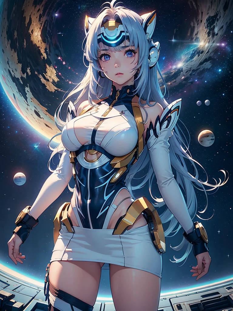 (masterpiece:1.3), (8K、photorealistic, Raw photo, best quality:1.4), (solo), one girl, (((kos-mos))), beautiful face, Beautiful face with perfect symmetry, cute face, (beautiful light blue long hair), With bangs, There is a visor on the forehead, beautiful purple eyes, perfect anatomy, (high detail skin: 1.2), natural breast, Beautiful thighs, Natural buttocks, white costume, mini skirt, costume with open chest, Clothes that look like 6 pack abs, Stars and planets can be seen in outer space, standing on the deck of a spaceship, perfect lighting, focus only, perfect anatomy,Front view,