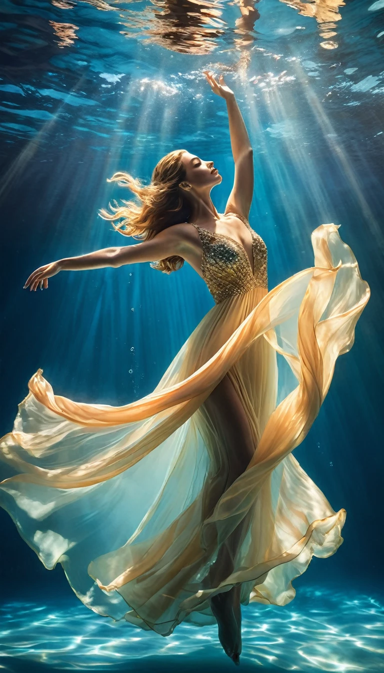 un jour ensoleillé (Une jolie femme vêtue d&#39;une robe de soirée flotte dans l&#39;eau bleue), se pencher, Gymnastique rythmique sous-marine, Photographie sous-marine, ambiance éthérée, éclairage sous-marin élégant, Meilleure qualité, haute résolution, ultrafin, photoréalisme: 1.37, Style Shaw, Style Zena Holloway, des couleurs vibrantes dans une palette de rêve, La douce lumière dorée du soleil brille à travers l&#39;eau, Créer la lumière céleste. La surface de l&#39;océan scintille，Luxuriant, Le tissu fluide de la robe de soirée flotte gracieusement dans l&#39;eau.. femme&#39;ses yeux charmants, Des yeux charmants et expressifs, Et de longs cheveux flottants flottant doucement sur l&#39;eau, Créez une atmosphère magique et en apesanteur, Avec de subtiles notes de vie marine，Par exemple, poissons colorés ou coraux délicats, Capturer le calme et la tranquillité d&#39;être suspendu dans l&#39;eau, Élégance et sophistication mêlées à la beauté naturelle de l&#39;océan, Les femmes respirent l’élégance et la confiance, S&#39;intègre facilement aux milieux aquatiques.