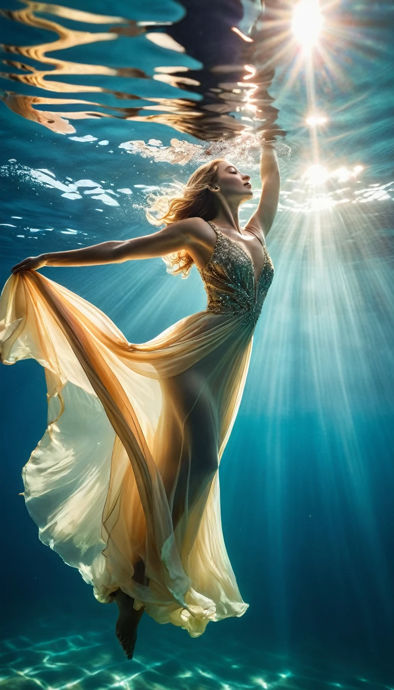 晴れた日に (イブニングドレスを着た魅力的な女性が青い水に浮かんでいる), 体を曲げ, 水中新体操, 水中写真, 幽玄な雰囲気, エレガントな水中照明, 最高品質, 高解像度, 超微細, フォトリアリズム: 1.37, ショースタイル, ゼナ・ホロウェイスタイル, 夢のようなパレットの鮮やかな色彩, 柔らかな金色の太陽の光が水面を照らします, 天の光の創造. 海面がキラキラと輝く，豊かな, イブニングドレスの流れるような生地が水の中で優雅に波打つ. 女性&#39;魅力的な目, 魅力的で表情豊かな目, そして長く流れる髪が水面に優しく浮かぶ, 魔法のような無重力の雰囲気を演出, 海洋生物の微妙なヒント，例えば, 色鮮やかな魚や繊細なサンゴ, 水に浮かぶ静寂と平穏を捉える, 優雅さと洗練さが海の自然の美しさと融合, 女性は優雅さと自信を醸し出す, 水生環境に簡単に統合できます.
