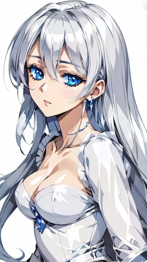 (masterpiece),((Highly detailed long silver hair)),((expressive blue eyes)),(Highly detailed white dress),deep cleavage,(happy e...