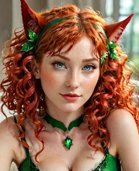 Surreal beautiful elf, curly red hair, face detailed,pointy cat ears,  very big , HD, 4K 
