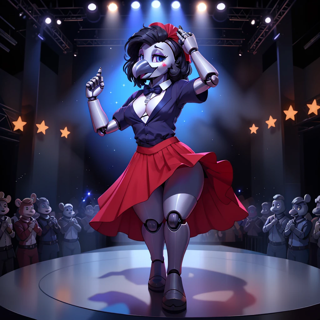 (masterpiece), (best quality), (high res) (solo), (perfect anatomy) (perfect face), (robot), (animatronic), ((animatronic raven)), (((gray and white fethers), black hair, woman, (1girl), slim, (idol outfit), (dark red shirt), (red skirt), (blue tie), blue shinning eyes, (star shaped white pupils), happy face, wide hips, thick things, narrow waist, big chest, ((silver beak)), in a stage singing to a crowd, full body