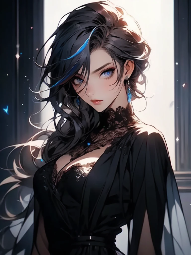 (masterpiece:1.2), (highest quality:1.2), (blue painting), Perfect Eyes, Perfect Face, Perfect lighting, 1 woman, lady, make-up, gray and ((streaked hair)), highlights hair, low ponytail, gray eyes, ikemen, cool, goth, crossdressing, cowboy shot, clear eyes,