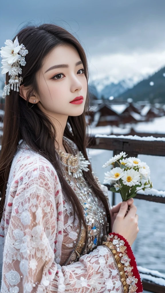 （8K，best quality，masterpiece：1.2），Ultra-high detail，Professional lighting，best quality，Ultra-high resolution，Visually stunning，Character Close-up，A woman holding flowers，Wearing wide sleeves，Her long hair was gently tied up，Revealing the slender neck，Together with the surrounding snow scenery, it creates a tranquil and mysterious atmosphere，Real human skin，（Perfect body 1.3）Super delicate face。