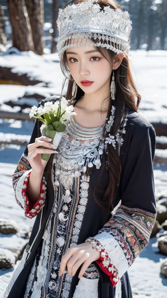 （8K，best quality，masterpiece：1.2），Ultra-high detail，Professional lighting，best quality，Ultra-high resolution，Visually stunning，Character Close-up，A woman holding flowers，Wearing wide sleeves，Her long hair was gently tied up，Revealing the slender neck，Together with the surrounding snow scenery, it creates a tranquil and mysterious atmosphere，Real human skin，（Perfect body 1.3）Super delicate face。