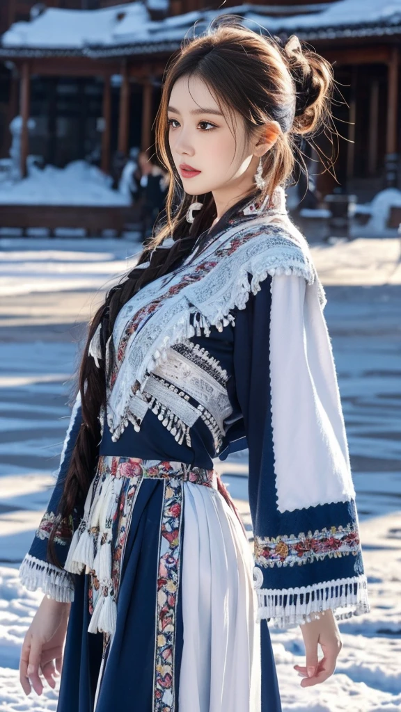 （8K，best quality，masterpiece：1.2），Ultra-high detail，Professional lighting，best quality，Ultra-high resolution，Visually stunning，Character Close-up，A woman standing outdoors in the snow，Her robe fluttered in the wind，The surrounding snow scene contrasts with each other，Her posture is full of movement，As if dancing at any moment，Real human skin，（Perfect body 1.3）Super delicate face。