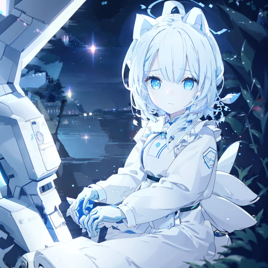 Women's hands，little white hands blue eyes，There are bright spots in the expressionless eyes，Wearing white maid gloves，White cat ears on head，There is a white cat tail behind