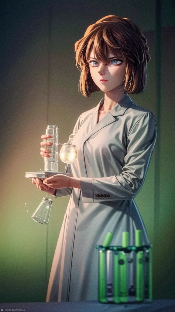 Huiyuan Ai in a white lab coat, beautiful detailed eyes, beautiful detailed lips, extremely detailed face, long eyelashes, scientific equipment, microscope, beakers, test tubes, glass bottles, grey color scheme, cinematic lighting, dramatic shadows, highly detailed, 8K, photorealistic, digital art, hyperrealistic, concept art