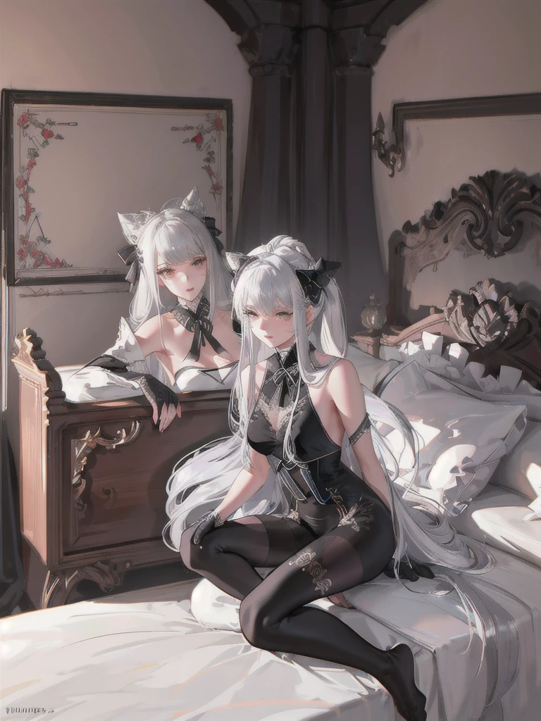 (((1 girl)),Ray Tracing,(Dim Lights),[Detailed background (bedroom)),((Silver Hair)),((Silver Hair)),(Fluffy Silver Hair, Busty and slim girl)) High Ponytail)))) Avoid blonde eyes in the ominous bedroom ((((Girl wearing black high-waisted pants and tights with delicate embroidery) and white ruffled bow gloves), Show off your slender figure and beautiful curves, Correct limbs, Sitting on the bed