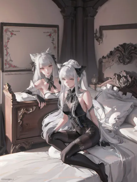 (((1 girl)),Ray Tracing,(Dim Lights),[Detailed background (bedroom)),((Silver Hair)),((Silver Hair)),(Fluffy Silver Hair, Busty ...