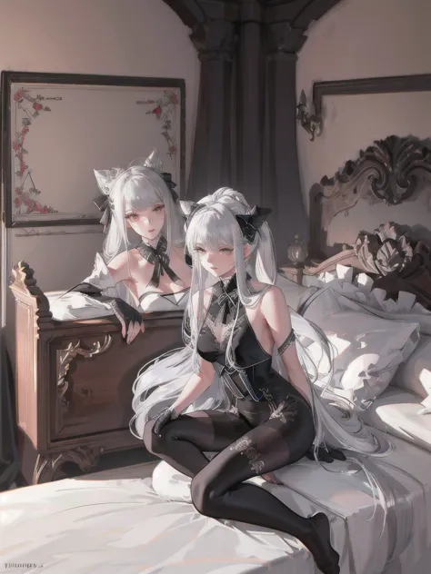 (((1 girl)),ray tracing,(dim lights),[detailed background (bedroom)),((silver hair)),((silver hair)),(fluffy silver hair, busty ...