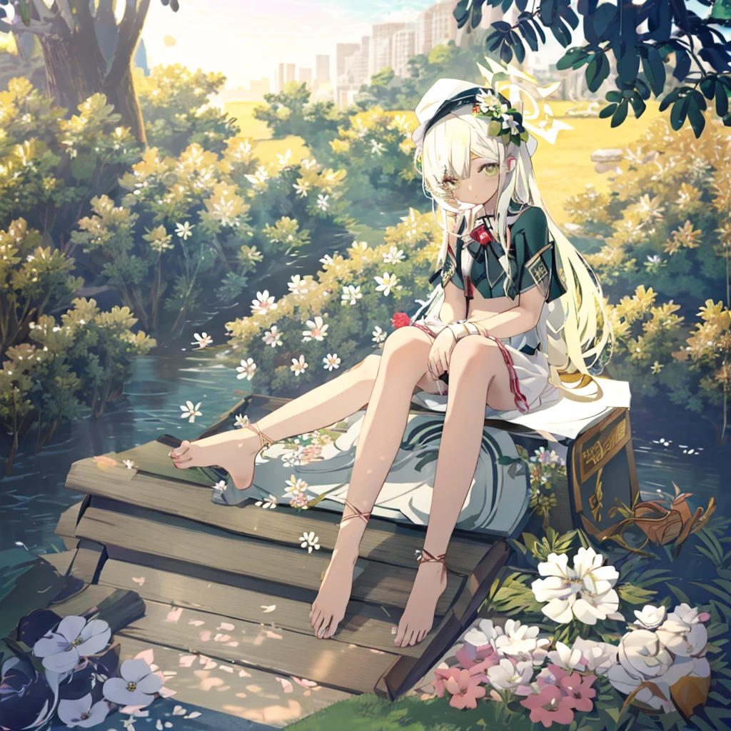 1girl,solo,long hair,outdoors,feet,barefoot,flower,sitting,hair flower,white flower,tree,hair ornament,hat,soles,toes,looking at viewer,black headwear,very long hair,skirt,bangs,day,closed mouth,bare shoulders,black skirt,blush,white hair,shoes,green eyes,sky,white shirt,shirt,short sleeves,legs,bare legs,petals,frills,detached sleeves,grass,shoes removed,bench,frilled skirt,foot focus,