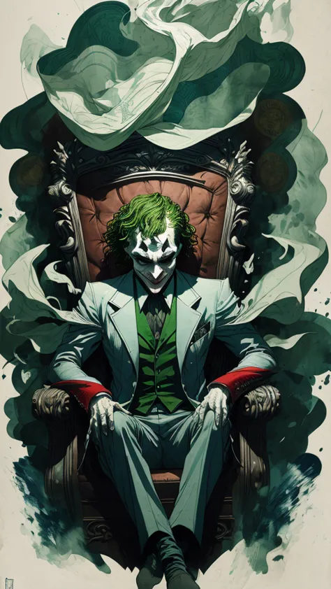 joker sitting in a throne, ethereal wind armor, in the style of mdrnkz3