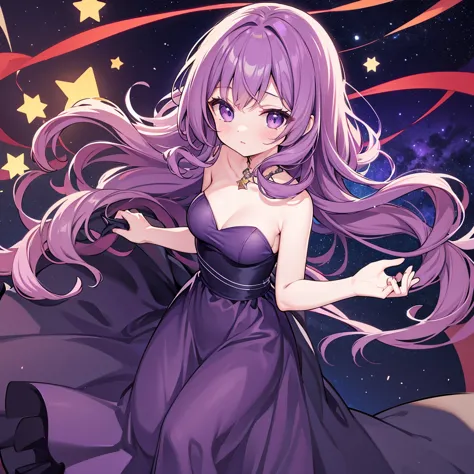 detailed background, masterpiece, best quality, 1 person , curly hair, long hair, purple eyes, star in sight , strapless top, lo...