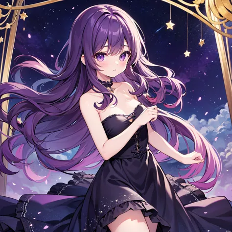 detailed background, masterpiece, best quality, 1 person , curly hair, long hair, purple eyes, star in sight , strapless top, lo...