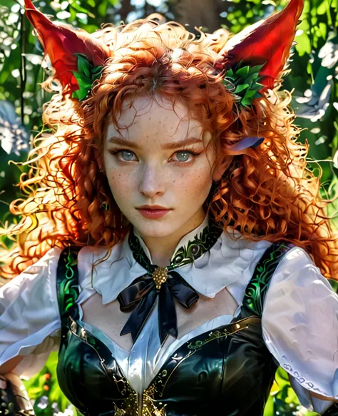 Surreal beautiful elf, curly red hair, face detailed,pointy cat ears,  very big , HD, 4K 
