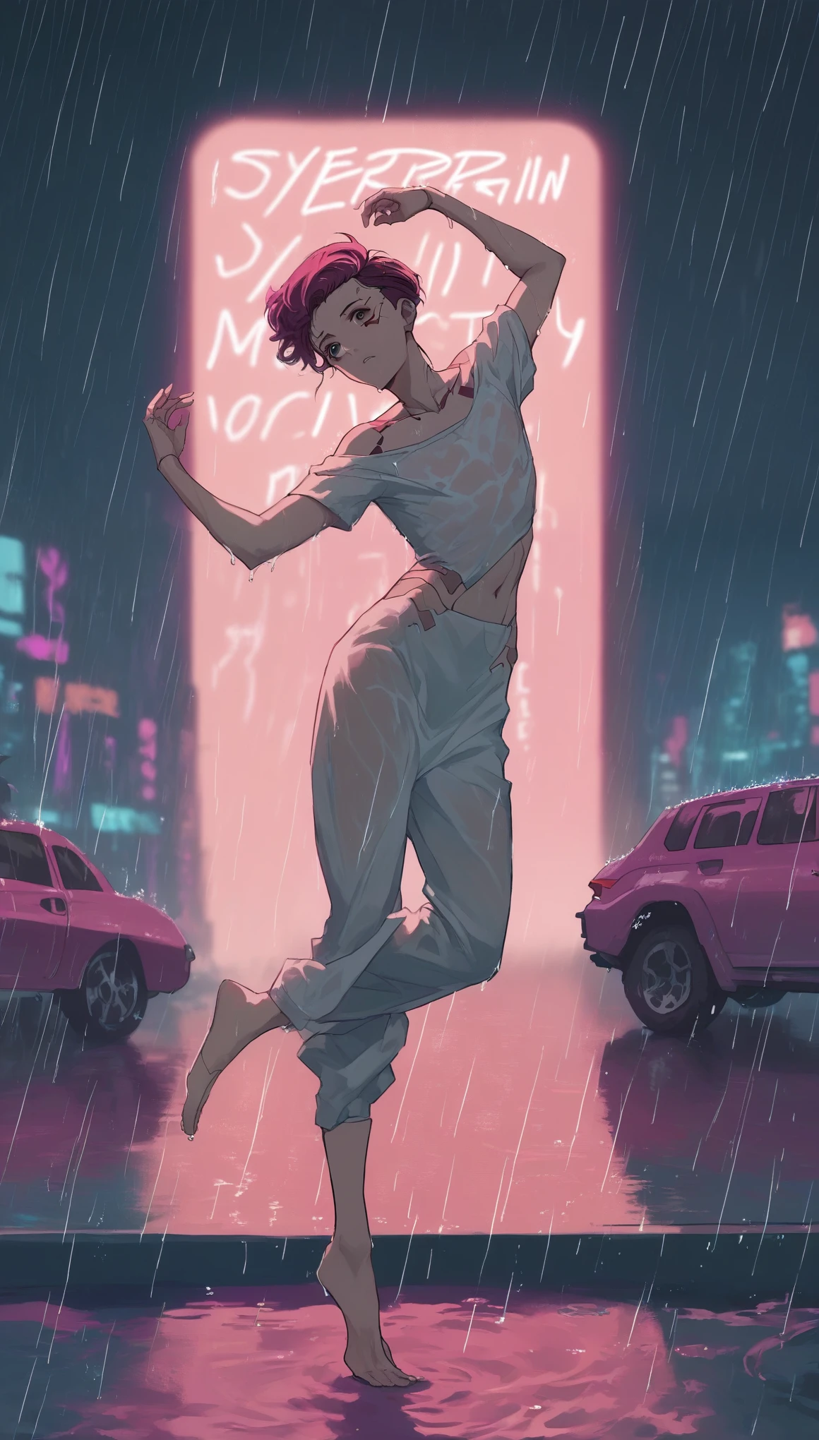 (Masterpiece, Best Quality, high resolution, 32k drive wallpaper, Extremely detailed CG:1), (weak illustration on stage:1.0), ((1 young handsome cyberpunk:1.5 dancing in the rain:1.7 )),(( cyberpunk night city:1.4)), neon signs futuristic cars,dark place rain, ((wet clothes magenta neon lights perfectly illuminating the young man:1.45) . 32k