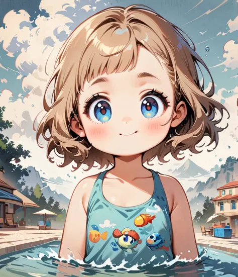 Wearing a float、Water is splashing out of a water gun、Pool、Cartoon style character design，1 Girl, alone，Big eyes，Cute expression...