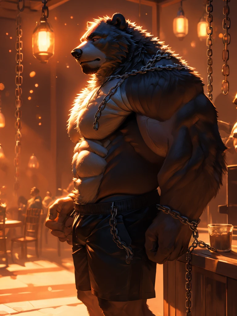 (tall) (muscular) (white bear:1.1), (shorts, shirtless), (chain), (detailed eyes), (detailed lips), (strong pose), [background:0.9], (best quality:1.2), (ultra-detailed), (realistic:1.37), [HDR], [studio lighting], (vivid colors), [bokeh], (portraits), (strong contrast), (warm color tone), (soft lighting)