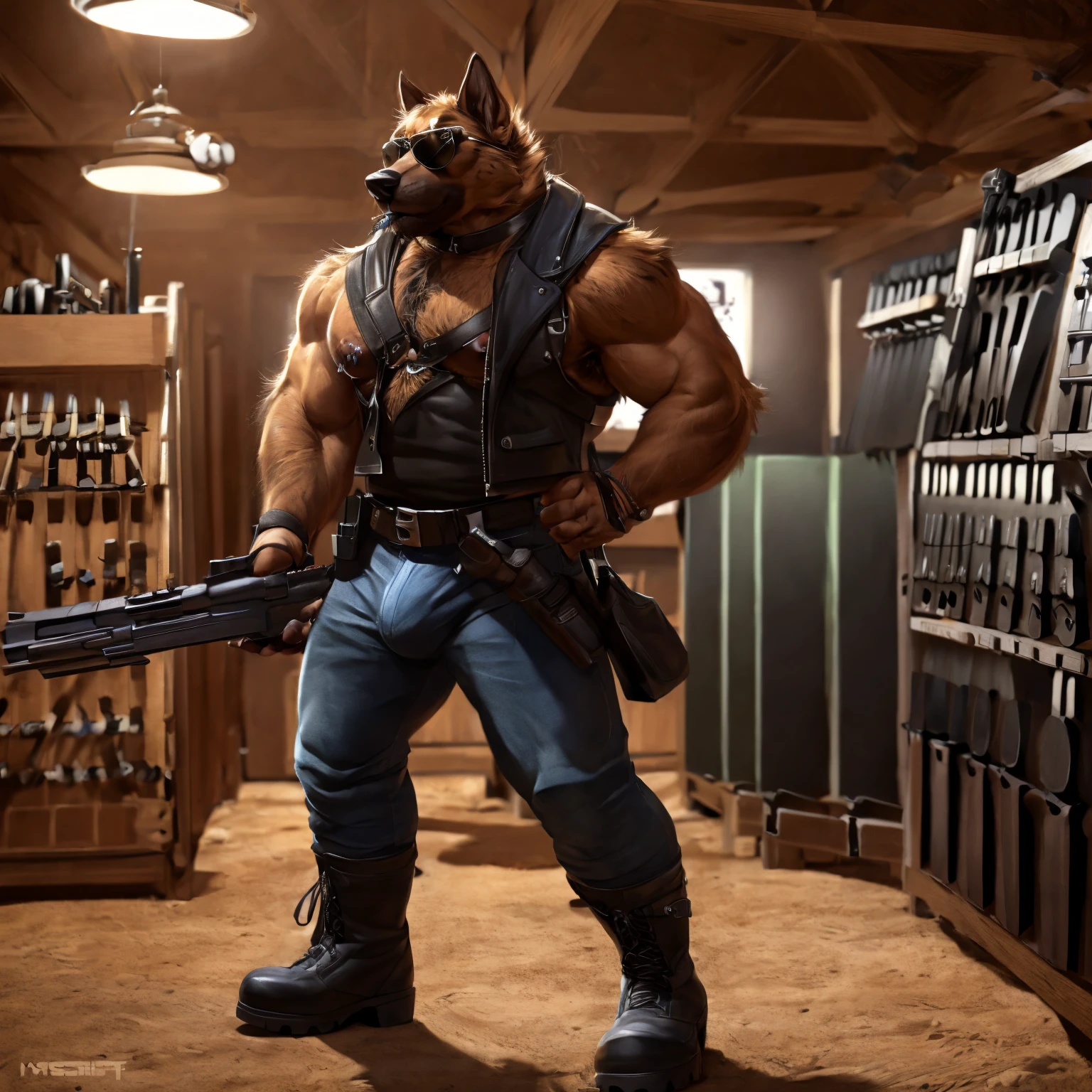 Solo, male, medium muscular, german shepherd, dog, biker, hairy chest, furry chest hair, shirtless, leather vest, blue jeans, leather chest harness, gun holster, gun, leather fingerless gloves, combat boots, boots, cigar, cigar in mouth, nipple piercing ((focus body, furry focus, shades focus, body shades)) nice body, standing, holding gun, holding a large caliber pistol, desert eagle, deagle, .50 handgun, aiming gun, armpit, armpit hair, bulge, nsfw, model, light, shades, 4k, high quality ((( gun range background, inside))), by darkgem, by mystikfox61