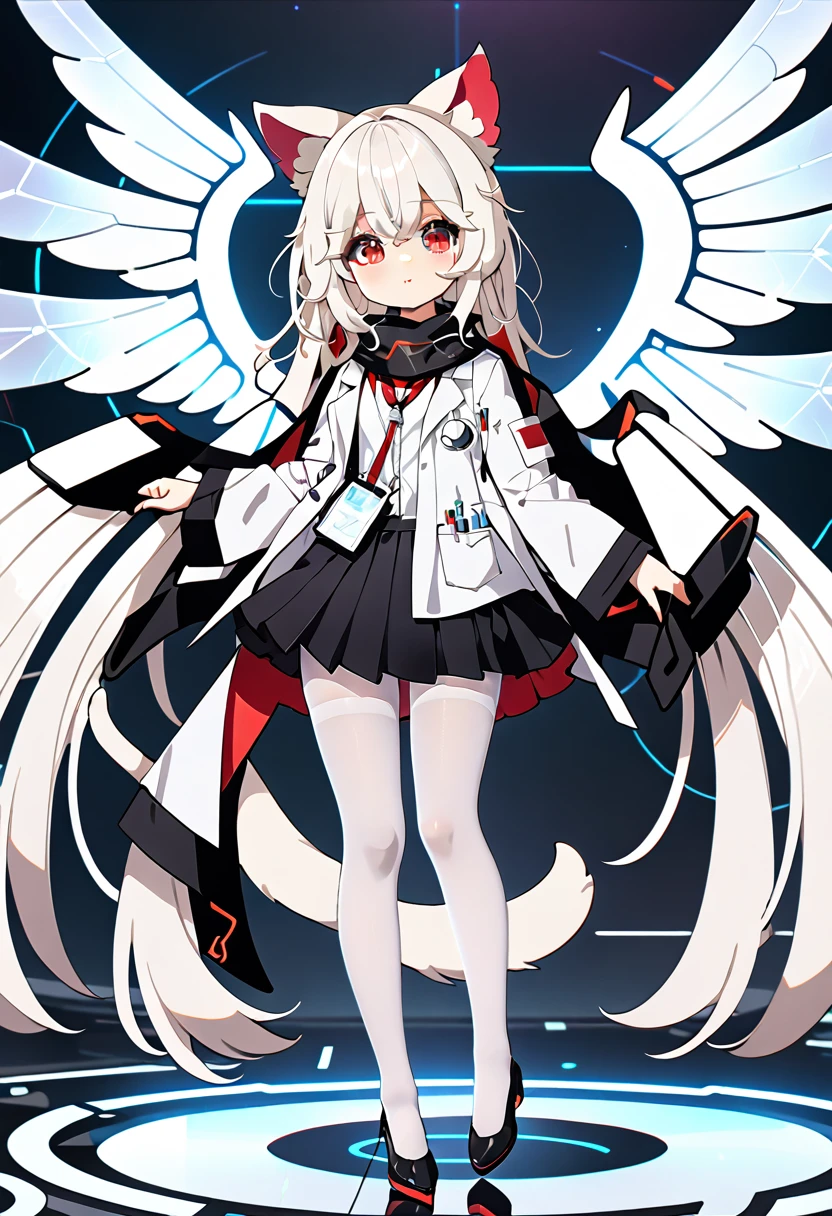 masterpiece, highest quality, highest resolution, clear_image, detailed details, White hair, long hair, cat ears, 1 girl, red eyes, white lab coat (with a black short skirt), white pantyhose, white scarf (around the neck), futuristic wings (6 wings), cute, full body, no water marks, laboratory, no extra limps, no extra bod