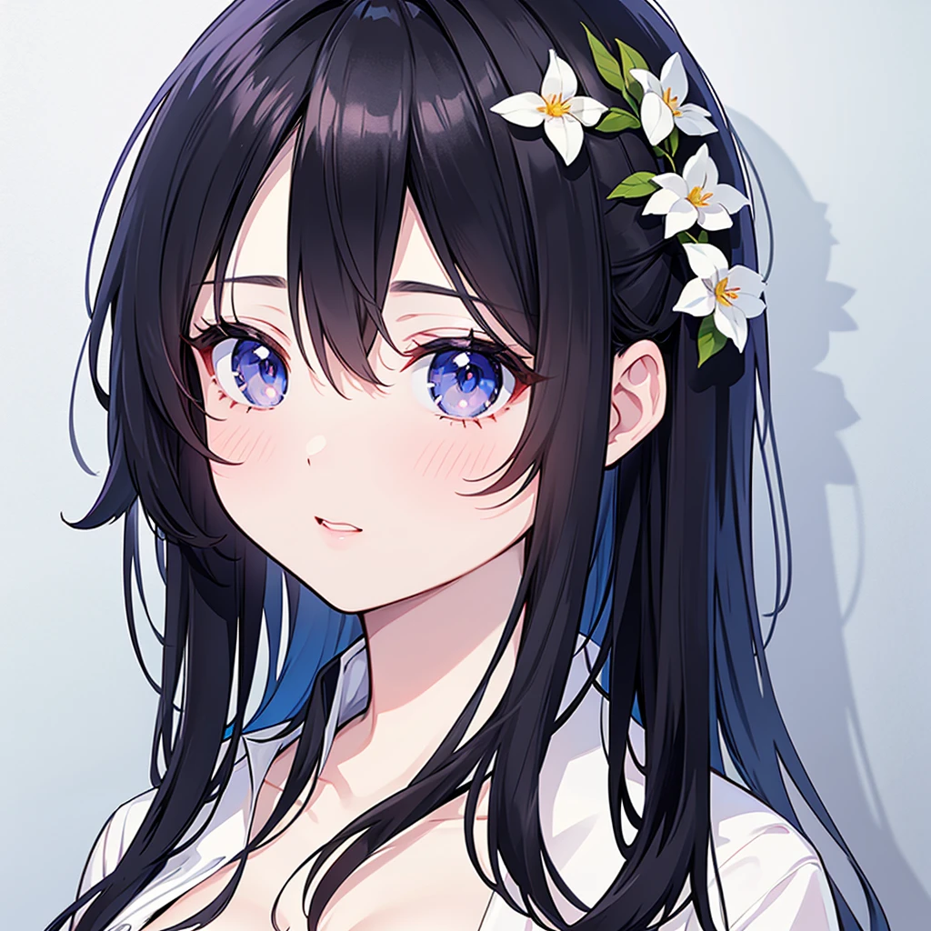  anime girl, realistic shadows, detailed skin, very small breasts, black hair, very detailed, 8k highly detailed face, perfect face shape, full perfect lips, perfect nose, correct beautiful eyes, watching viewer, white shirt, hair flowers, masterpiece, best quality, single girl, no bra, no panty, solo