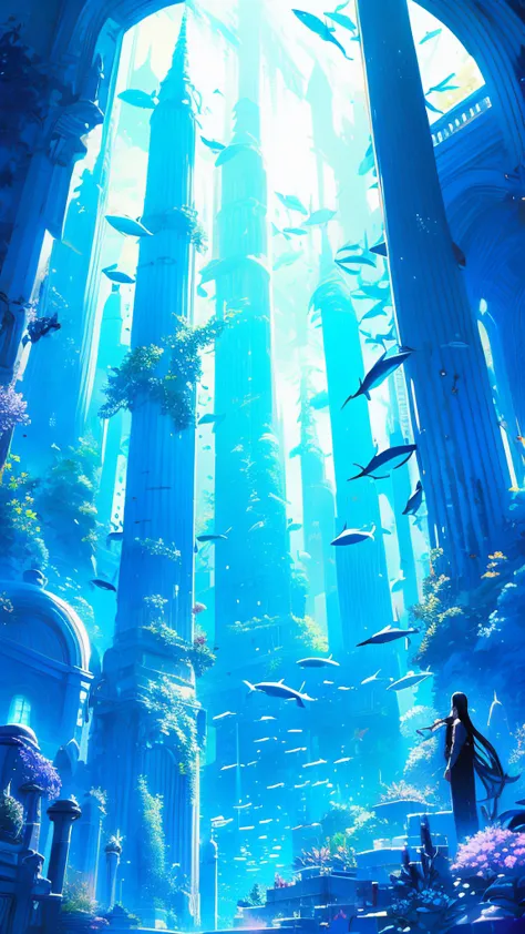 hdsj, blue themes, pillar, long hair, black hair, solo, scenery, column, bubble, 1boys, fish，underwater