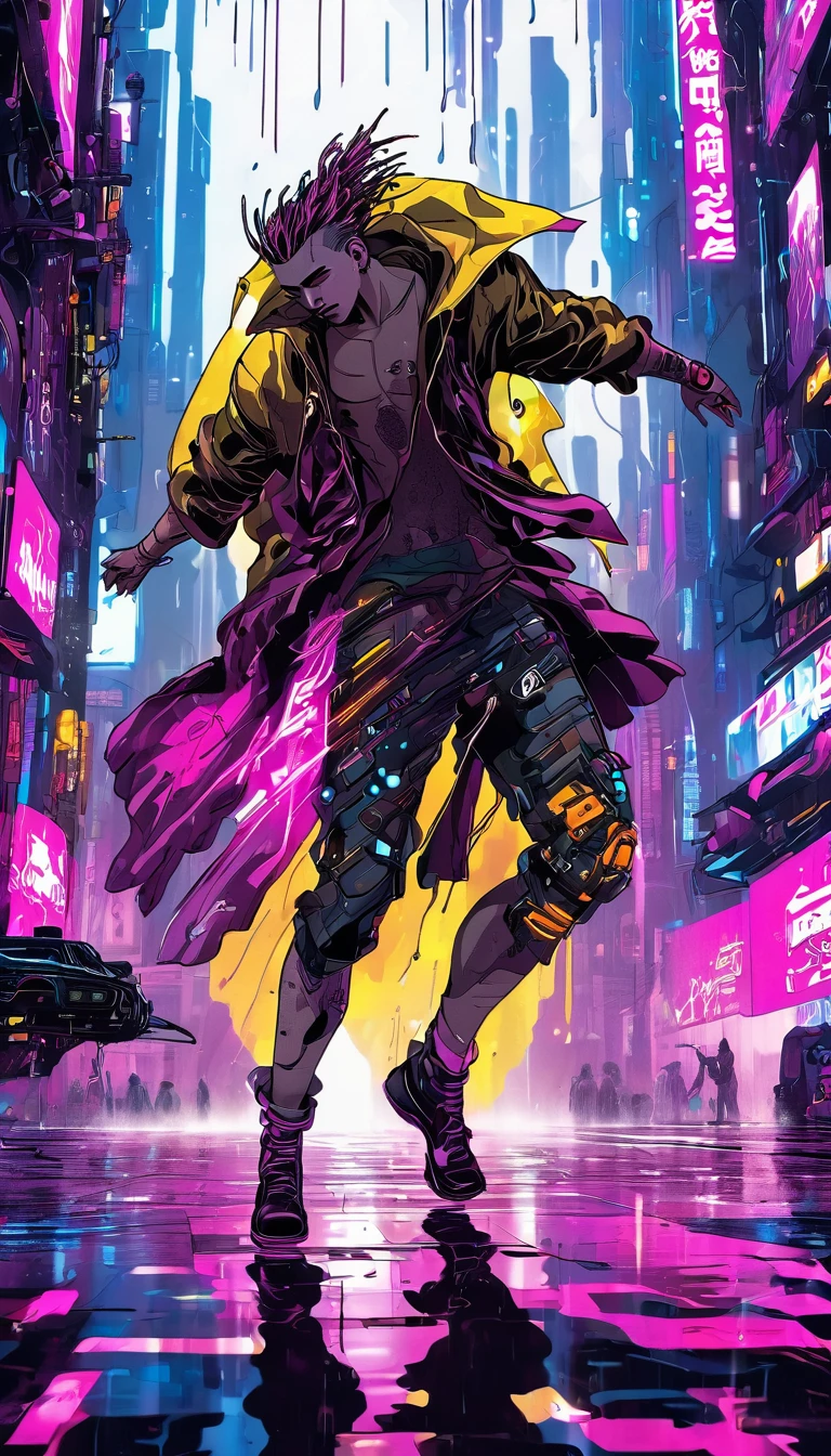 (obra de arte, melhor qualidade, Alta resolução, 32 mil drive wallpaper, CG extremamente detalhado:1), (ilustração fraca no palco:1.0), ((1 jovem e bonito cyberpunk:1.5 dançando na chuva:1.7 )),(( Cidade noturna ciberpunk:1.4)), sinais de néon carros futuristas,chuva em lugar escuro, ((roupas molhadas luzes neon magenta iluminando perfeitamente o jovem:1.45) . 32 mil