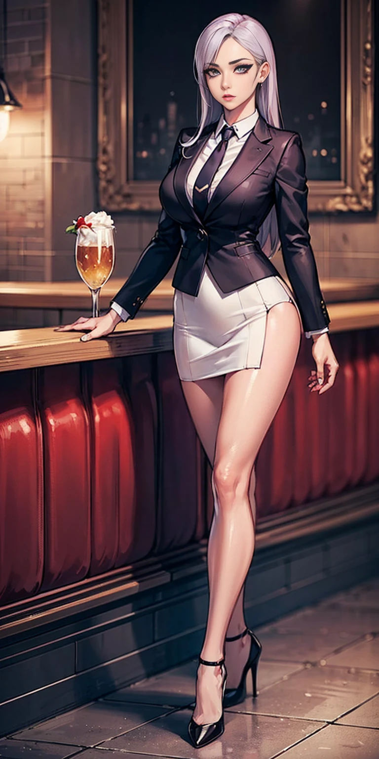 sakuyarindou768, mature female,(Wearing business outfit,formal jacket,neck tie, tie,white shirt, skirt, heels,High waist Skirt)( big perfect round breasts,hourglass body, thin waist,btpt-fc,Photo realistic, (hyperrealistic:1)beautiful, masterpiece, best quality, extremely detailed face, perfect lighting,detailed eye makeup, detail face, nice detailed eyes,nice hands, perfect hands (realistic pupils,realistic iris:1) heavy eye makeup (working at a restaurant, background restaurant)