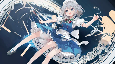 masterpiece, Highest quality, High Resolution, One Girl, solo, sakuya1, Maid, blue eyes, Gray Hair, Mid-breasted, Laughter, Skir...