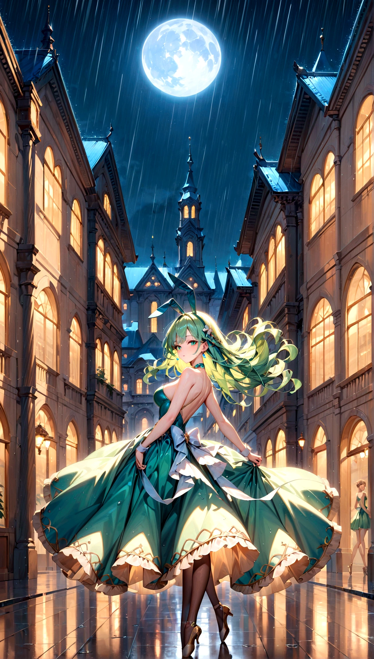 score_9, score_8_up, score_7_up, score_6_up, masterpiece, top quality, best quality, official art, beautiful and aesthetic, anime_source, centered, cinematic shot, view from above, 1girl, bunny ears, blue flowing hair, ballerina, green dress, hair accessories, dancing in the rain, city street, night, full moon, volumetric lighting, cold color, epic composition, epic proportion, 8KExpressiveh, Ultra HD, 4k image
