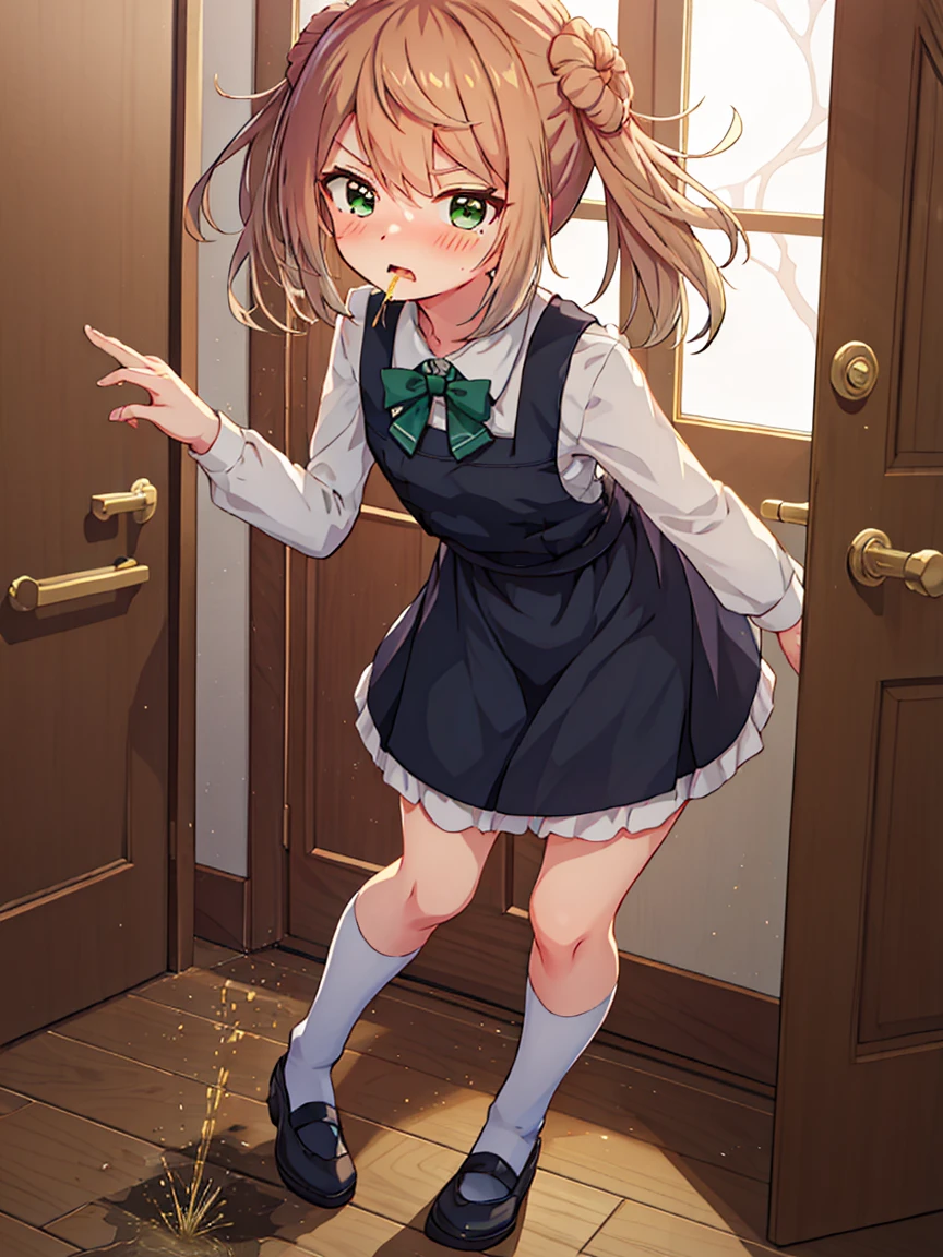 michishio_Fleet Collection, ，Twin tails, double_good, hair_good, short_Twin tails, Light_brown_hair, brown_eye, blush, bow, yellow_eye, dress, green_bow, green_bowtie, apron_dress, shirt, white_shirt, bowtie, (Very short stature，Flat Chest，Thin thighs，Small hips，Small body), (short stature:1.2), One  , alone, looking at viewer
break 
(SFW:1.3), I want to pee, Place your hands between your legs, Leaning forward, Inner thighs, (trembling:1.2), 
break
(impatience)，(blush), (Open your mouth:1.3), wavy mouth
break
official art, masterpiece, Highest quality, Highest Resolution, 8K, Most detailed, Extremely elaborate hands, Highly detailed fingers, Highly detailed mouth, perfect anatomy
break
(door, workroom), Dust, Dust, Light particles, Highly detailed 16k CG wallpaper