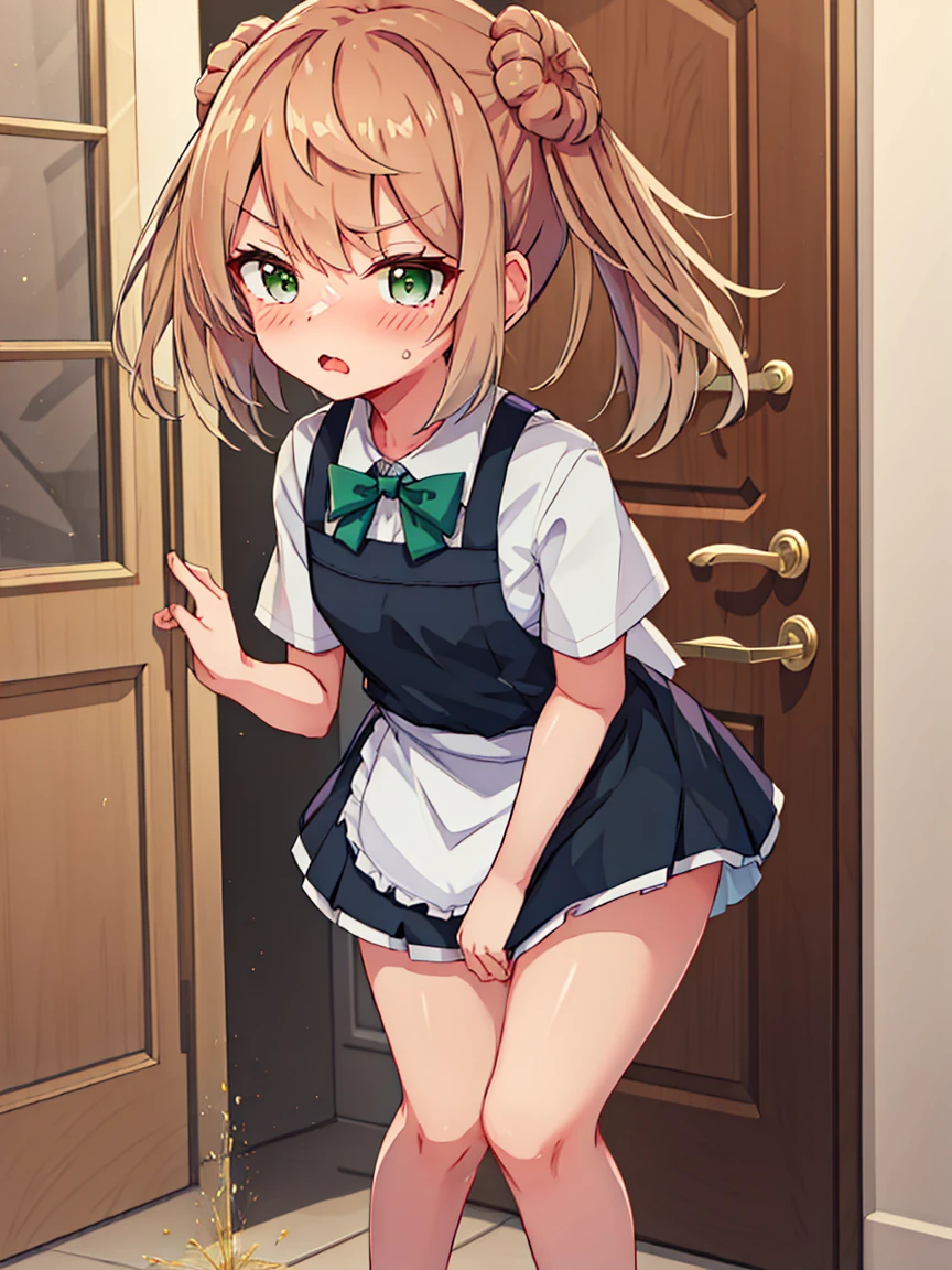 michishio_Fleet Collection, ，Twin tails, double_good, hair_good, short_Twin tails, Light_brown_hair, brown_eye, blush, bow, yellow_eye, dress, green_bow, green_bowtie, apron_dress, shirt, white_shirt, bowtie, (Very short stature，Flat Chest，Thin thighs，Small hips，Small body), (short stature:1.2), One  , alone, looking at viewer
break 
(SFW:1.3), I want to pee, Place your hands between your legs, Leaning forward, Inner thighs, (trembling:1.2), 
break
(impatience)，(blush), (Open your mouth:1.3), wavy mouth
break
official art, masterpiece, Highest quality, Highest Resolution, 8K, Most detailed, Extremely elaborate hands, Highly detailed fingers, Highly detailed mouth, perfect anatomy
break
(door, workroom), Dust, Dust, Light particles, Highly detailed 16k CG wallpaper