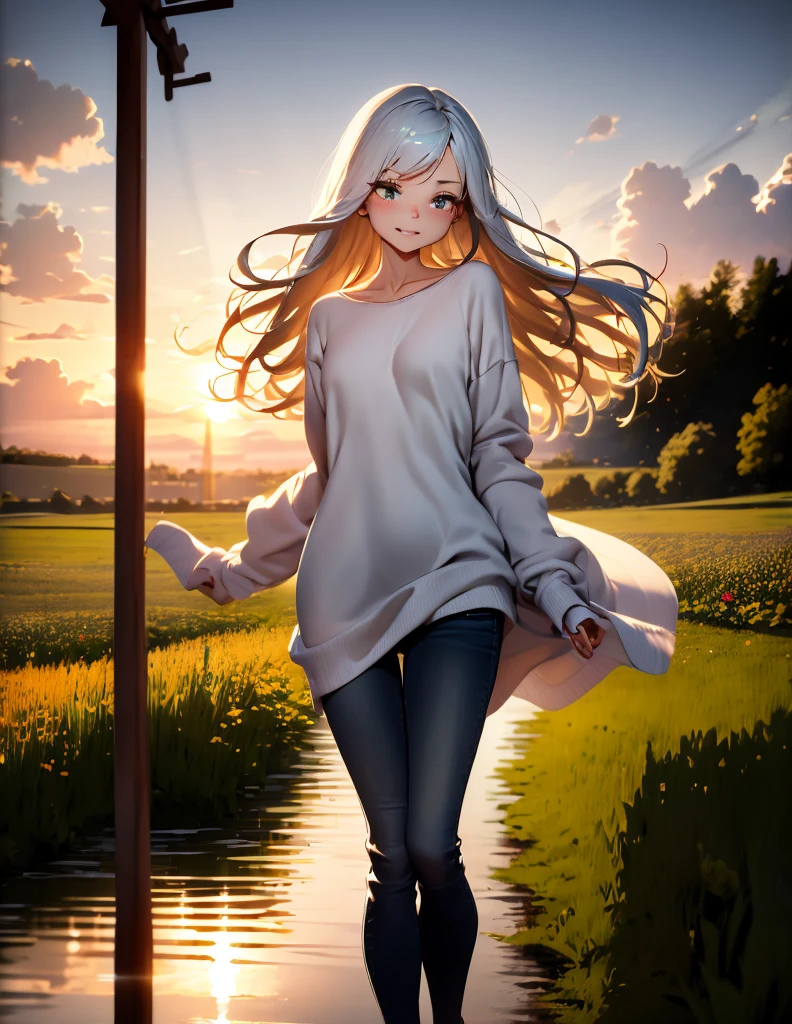 ((extremely detailed)),, (8k), Best Quality, (beautiful),((Mesa)), ((Best Quality)), beautiful a girl,sixteen years、Skinny body、Smaller chest,Eliminates unkempt hair、Long beige sweatshirt dress、tight jeans、(ultra detailed), ((kawaii)), beautiful, (natural look),Plein air、blurred background:1.5、Field at sunset、red dragonfly、Ears of rice fluttering in the wind