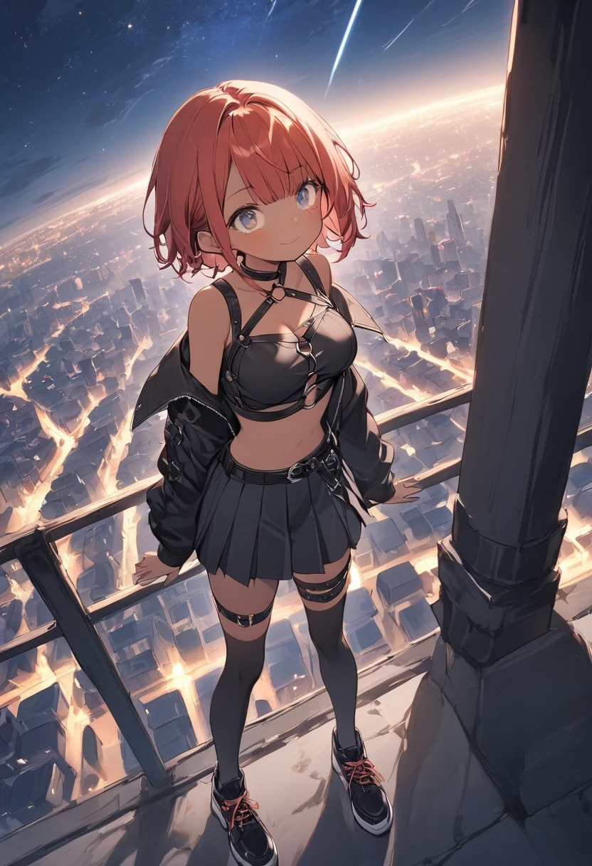 full body,1 girl, (cute:1.3),short red Hair, left eye blue, right eye yellow, tan skin, freckles, wearing open sexy clothes, black skirt, Black stockings, long sleeves, chest harness, black shirt, crop top, miniskirt, Shoes, O-Ring, midriff, off shoulder, medium breasts, thigh strap, pleated skirt, standing in on a ledge that overlooks at the city, looking up into the sky, during midnight, sky full of stars.