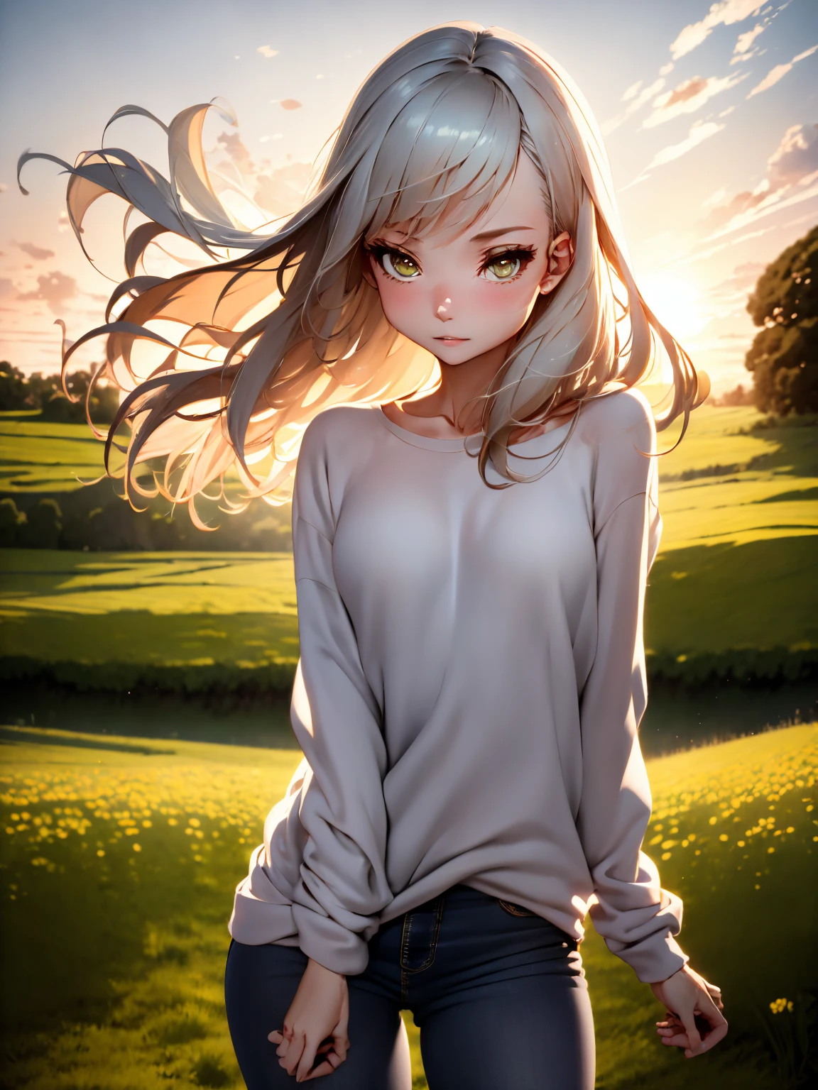 ((extremely detailed)),, (8k), Best Quality, (beautiful),((Mesa)), ((Best Quality)), beautiful a girl,sixteen years、Skinny body、Smaller chest,Eliminates unkempt hair、Long beige sweatshirt dress、tight jeans、(ultra detailed), ((kawaii)), beautiful, (natural look),Plein air、blurred background:1.5、Field at sunset、red dragonfly、Ears of rice fluttering in the wind