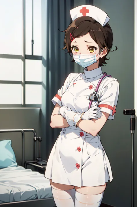 hazuki katou, short hair, brown hair, yellow eyes, hair ornament, solo, nurse, ((white nurse cap, white nurse's outfit)), ((whit...