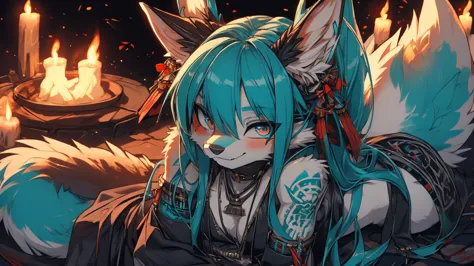 Miku Hatsune, add high definition_detail:1, blue fur,kitsune ears, tribal tattoo add_detail:1, in hell add_detail 