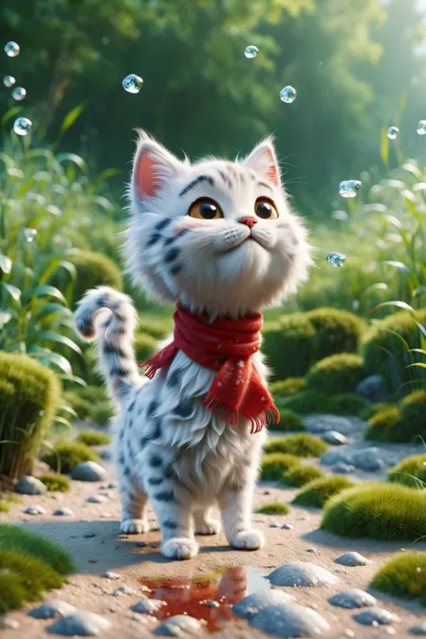 Ralph Raff,Little,masterpiece,Highest quality,original,Official Art,One cat,Red scarf,Grass,Blurred Background,Cartoon Rendering...