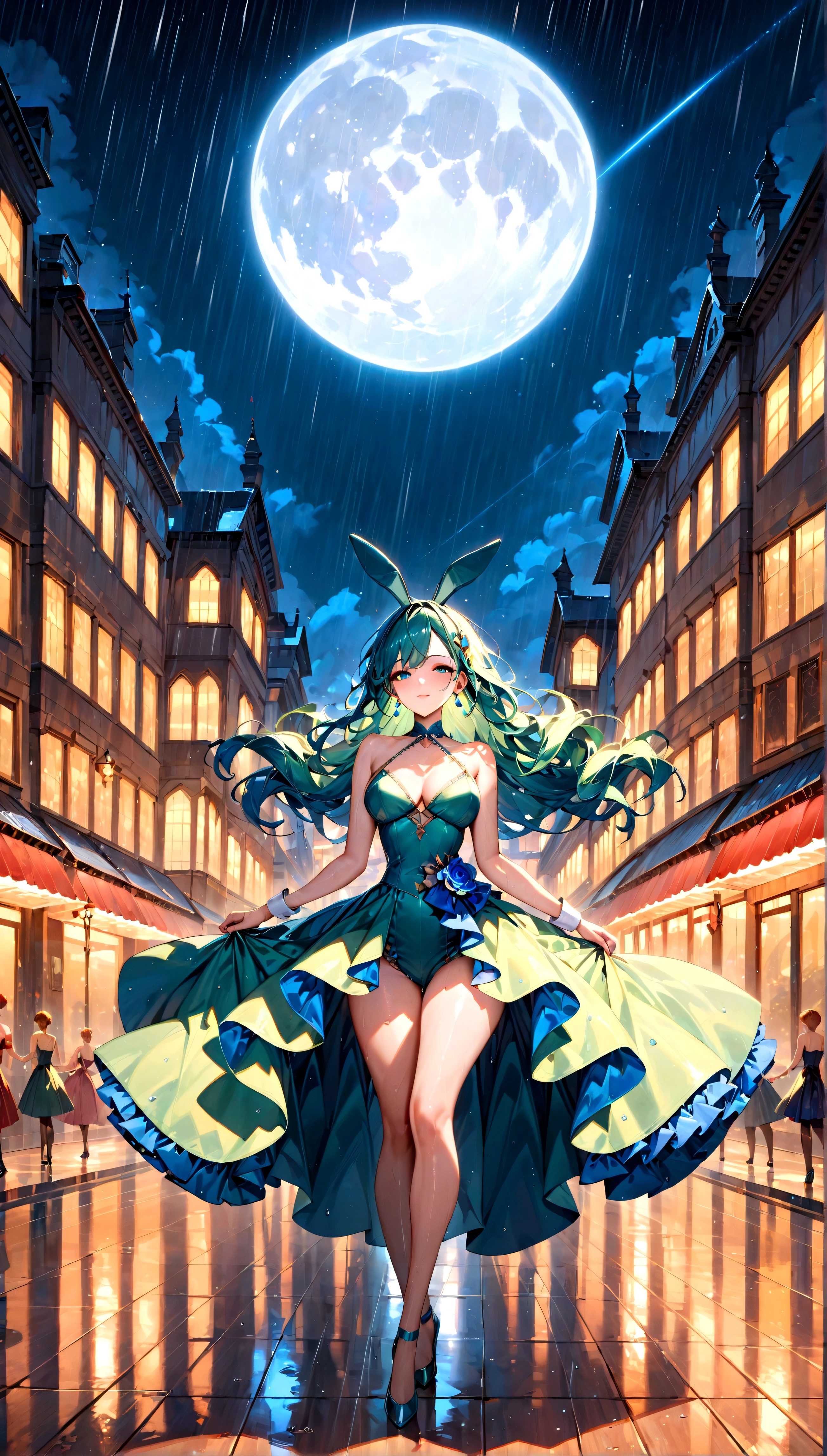 score_9, score_8_up, score_7_up, score_6_up, masterpiece, top quality, best quality, official art, beautiful and aesthetic, anime_source, centered, cinematic shot, view from above, 1girl, bunny ears, (blue flowing hair), ballerina, green dress, hair accessories, dancing in the rain, city street, night, full moon, volumetric lighting, cold color, epic composition, epic proportion, 8KExpressiveh, Ultra HD, 4k image