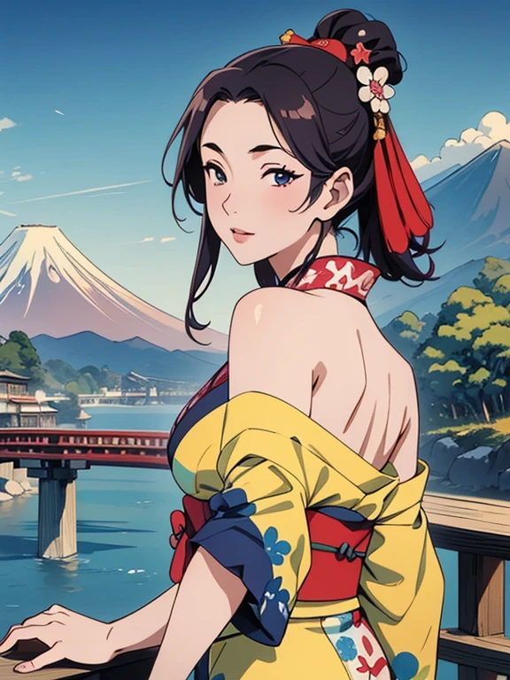 (Highest quality、masterpiece、High resolution、8K)、Colorful、Ukiyo-e、Utamaro、Kimono Beauty、Looking back、bridge、river、Mount Fuji in the distance、Official Art、