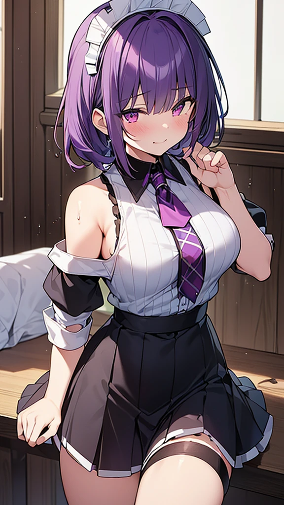 最high quality, high quality, Super detailed, 32k, Ultra-detailed details, 2 girls, With maid(only, pretty girl, beautiful purple hair, Beautiful purple eyes, Big Breasts, A light smile, Red eyes, Off-the-shoulder sleeveless Summer clothes, Summer casual maid clothes, Short skirt, Blue and white color striped underwear, Black knee socks, My crotch is wet with love juice, 18-year-old,cute),  with my sister(13 years old, A grotesque face with the skin peeled off, Facial muscles are fully exposed, Chest is medium, , Junior high school uniform), {{Witness the maid peeling off the skin of her sister&#39;s face and replacing it with her own}}, NSFW