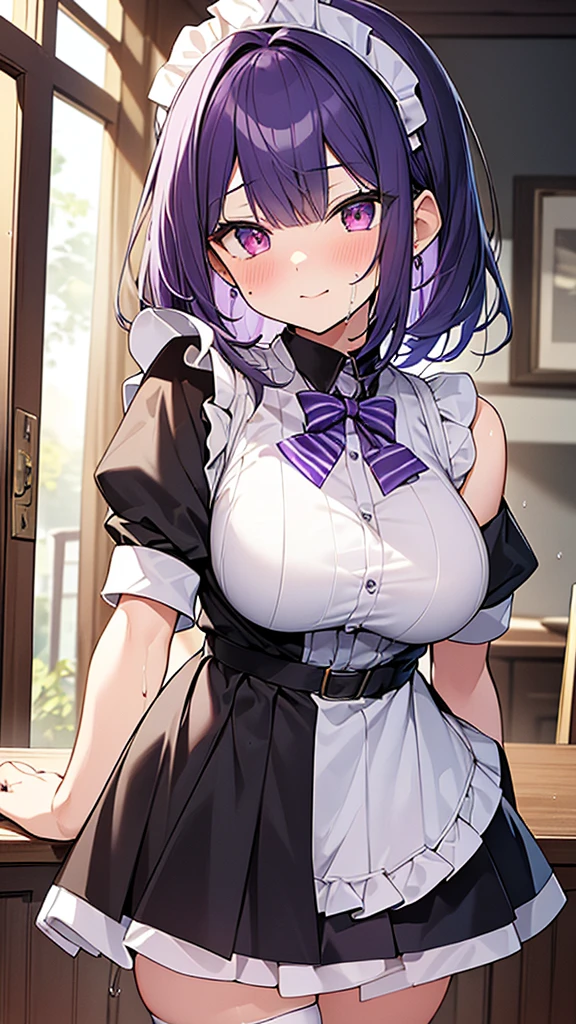 最high quality, high quality, Super detailed, 32k, Ultra-detailed details, 2 girls, With maid(only, pretty girl, beautiful purple hair, Beautiful purple eyes, Big Breasts, A light smile, Red eyes, Off-the-shoulder sleeveless Summer clothes, Summer casual maid clothes, Short skirt, Blue and white color striped underwear, Black knee socks, My crotch is wet with love juice, 18-year-old,cute),  with my sister(13 years old, A grotesque face with the skin peeled off, Facial muscles are fully exposed, Chest is medium, , Junior high school uniform), {{Witness the maid peeling off the skin of her sister&#39;s face and replacing it with her own}}, NSFW