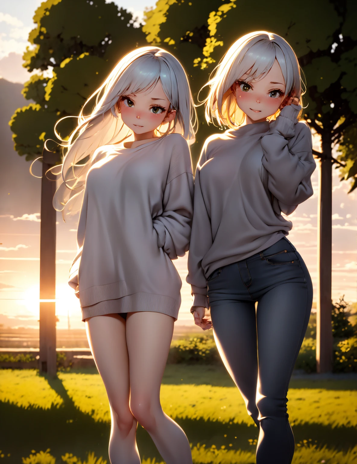 ((extremely detailed)),, (8k), Best Quality, (beautiful),((Mesa)), ((Best Quality)), beautiful a girl,20 years、Skinny body、Smaller chest,Eliminates unkempt hair、Long beige sweatshirt dress、tight jeans、(ultra detailed), ((kawaii)), beautiful, (natural look),Plein air、blurred background:1.5、Field at sunset、red dragonfly、Ears of rice fluttering in the wind